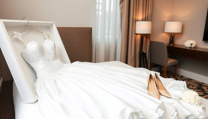 Luxury wedding dress in white box, beige women's shoes and bridal bouquet on bed in hotel room, copy space. Bridal morning preparations. Wedding concept isolated with white highlights, png