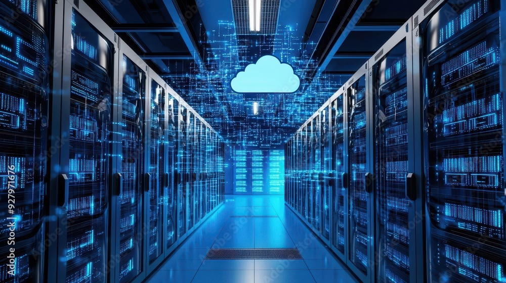 Poster server room with cloud computing concept.