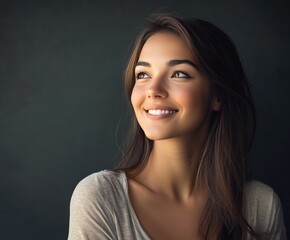 Fototapeta premium A young woman smiles softly while gazing thoughtfully against a dark background in warm afternoon light