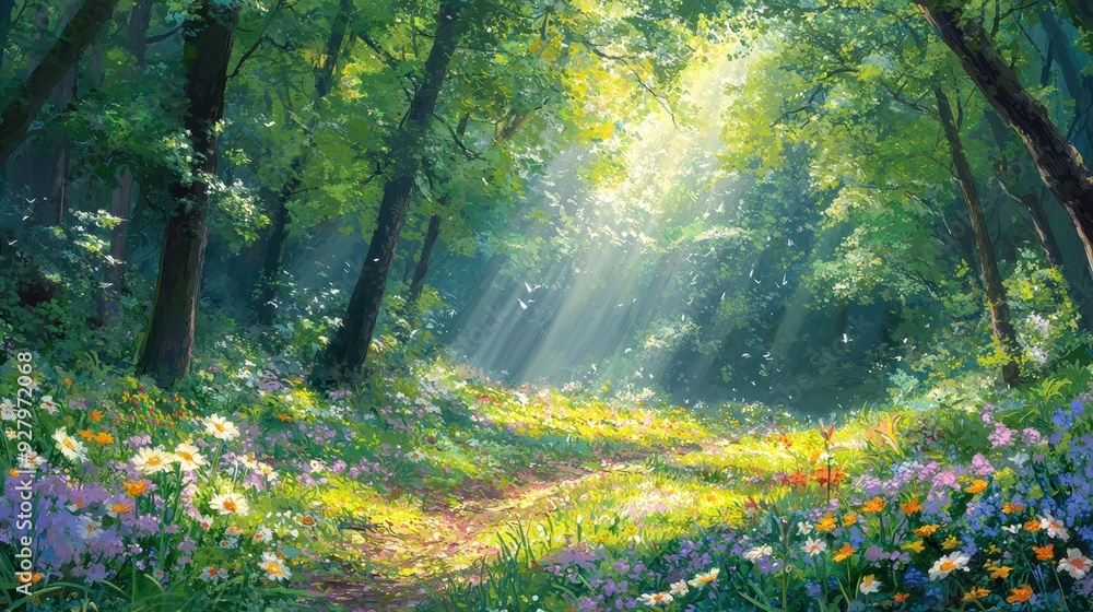 Canvas Prints sunbeams through forest glade.