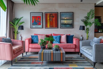Fototapeta premium A living room with a red couch and two pink chairs