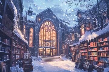 Obraz premium Anime-Style Enchanted Winter Solstice Fairy Tale Bookstore: A Cozy Haven Filled with Magical Stories for the Festive Season, Perfect for Gaming Art and Storybook Illustrations in 4K Christmas 
