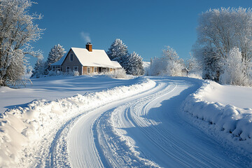 Obraz premium Snowy Country Road with Cabin and Trees