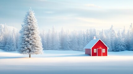 Naklejka premium A picturesque winter scene featuring a cozy red house surrounded by snow-covered trees and a blanket of pristine white snow.
