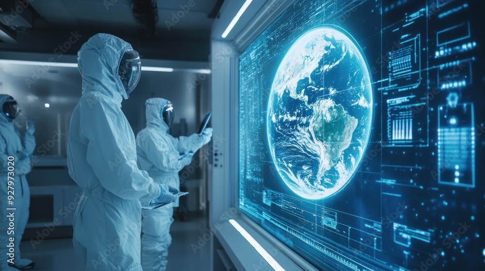 Poster scientists in a futuristic lab analyzing data on earth