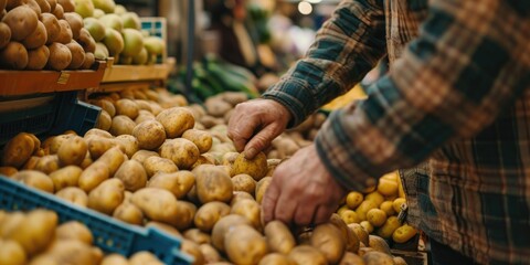 Man buying potatoes by weight at a store Selecting fresh garden potatoes in a vegetable market