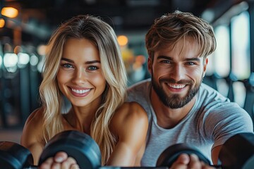 Smiling couple working out at the gym. Great for websites and social media promoting fitness, health and lifestyle.