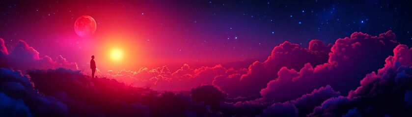A serene and vibrant landscape featuring a silhouetted figure against a colorful sunset and cosmic clouds in a dreamlike setting.