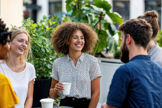 Group of business people enjoying coffee outdoors in sunlight - Powered by Adobe