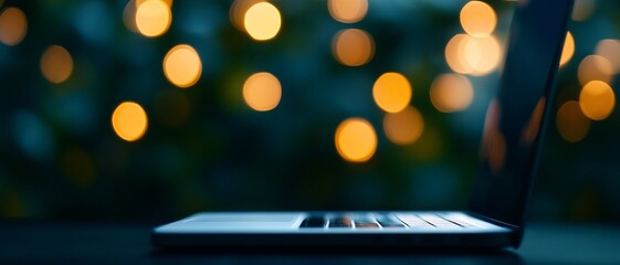 A sleek laptop computer illuminated by soft bokeh lights, ideal for showcasing modern technology and innovative workspace.