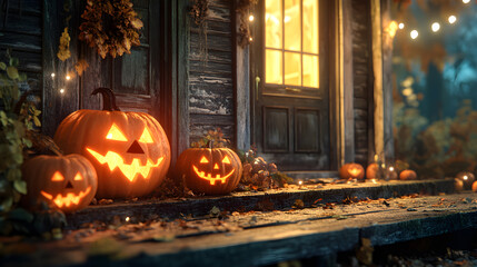 Obraz premium Rustic Pumpkins Carved at the Old Porch