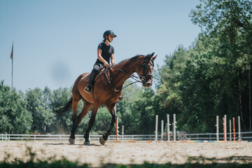 A young woman riding a horse in an outdoor equestrian arena. The rider is wearing protective gear, and the scene is calm and sunny.