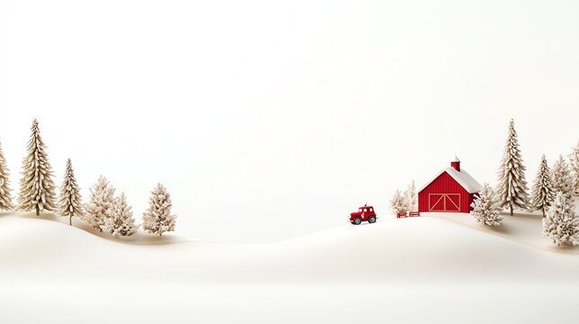 A serene winter landscape featuring a red barn and tractor among snow-covered hills and pine trees, evoking holiday charm.