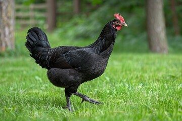 Black australorp chicken leisurely strolling in the vibrant green grass of a spacious yard