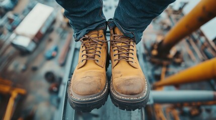 Close up shot of worn work boots. This image is perfect for blogs, websites, or social media posts that discuss construction, labor, or safety.