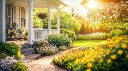 Obraz premium Sunny Porch with Flower Garden