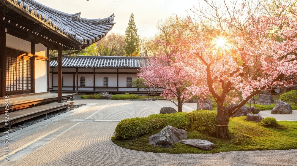 Canvas Prints japanese zen garden with cherry blossoms and sunbeams.