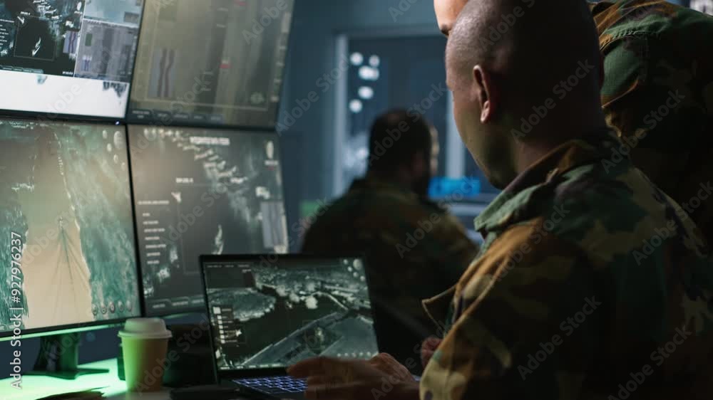 Poster military soldier in mission control center, overseeing national safety operations using notebook nex