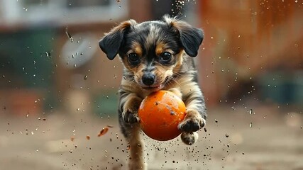 Adorable puppy joyfully chasing an orange ball in a backyard during a sunny afternoon