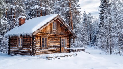 Wooden Cabin in Snowy Forest.
