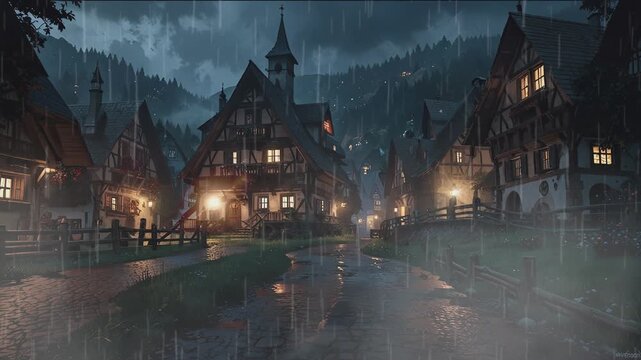 A quaint village street with cobblestone pathways and wooden houses, illuminated by warm streetlights, under a heavy downpour with a misty atmosphere.