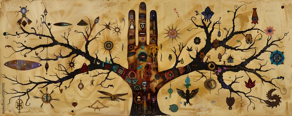 Poster an abstract tree with a hand as its trunk decorated with various symbols and images