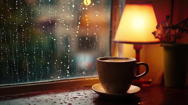 Coffee cup and glowing lamp by the window on a rainy night with soothing ambiance
 Seamless looping 4k time-lapse virtual video animation Generated AI