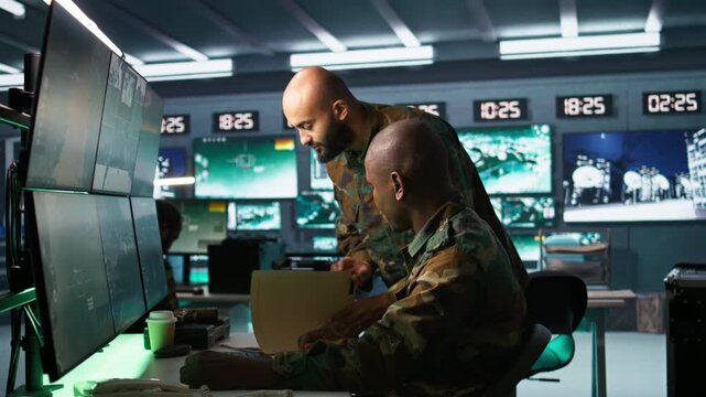 Team of military officers in command center look at intel folder files on enemy battle formation. Intelligence corps colleagues read mission case file to collect data on opponents strategy, camera B
