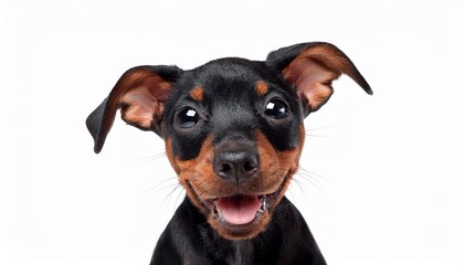 笑顔のミニチュア・ピンシャーの子犬のポートレート（Portrait of a smiling Mniature Pinscher puppy on white background）

