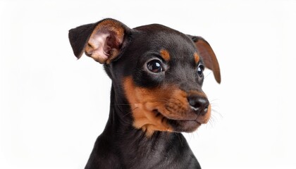 Obraz premium 笑顔のミニチュア・ピンシャーの子犬のポートレート（Portrait of a smiling Mniature Pinscher puppy on white background） 