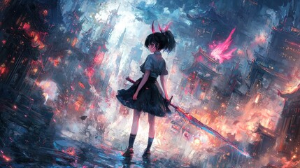 Obraz premium Anime Girl with Sword in Fantasy City.