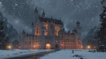 A grand castle stands tall against a backdrop of snowy mountains, lit by warm windows as snow falls around it. - Powered by Adobe