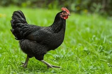 Black australorp chicken leisurely walking on vibrant green grass in the backyard