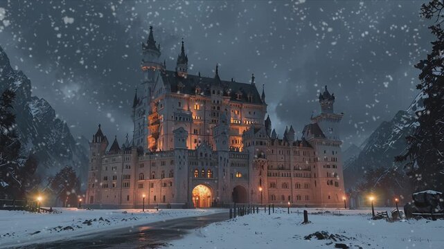 A grand castle stands tall against a backdrop of snowy mountains, lit by warm windows as snow falls around it.