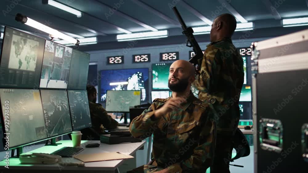 Aufkleber military agent using augmented reality tech in control room, analyzing aerial reconnaissance data. i