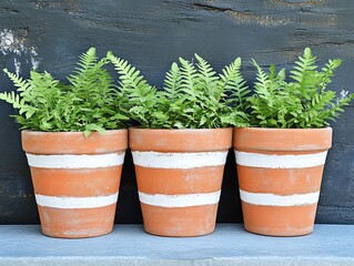 Three terracotta pots with vibrant green ferns in a rustic setting, perfect for home decor and gardening enthusiasts.
