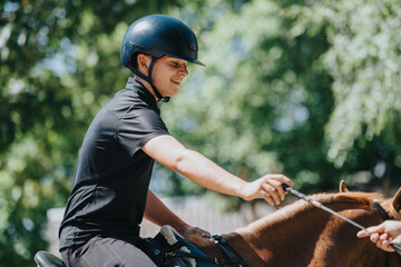 Smiling young man riding a horse outdoors, experiencing equestrian activities on a sunny day, wearing a helmet for safety.