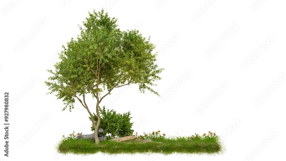 Poster tree with grass and flower 4k footage isolated on white background, 3d illustrations rendering