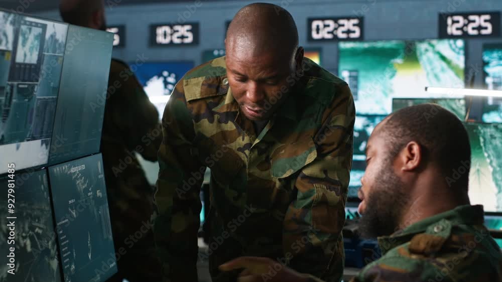 Poster team of soldiers looking at screens in command center housing operational missile defense system des