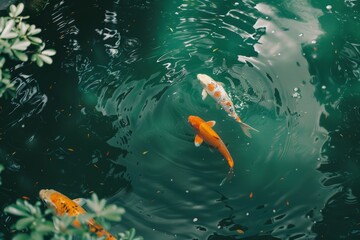 Elegant japanese koi fish gracefully swimming in a serene and tranquil pond environment