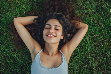 Relaxed young woman enjoying a carefree moment while lying on the lush green grass field in the park