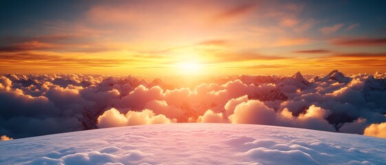 Breathtaking sunrise over snowy peaks, casting warm light across fluffy clouds, creating a serene and majestic landscape view.