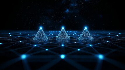 Futuristic glowing pyramids on a digital grid, showcasing technology and innovation in a dark cosmic background.