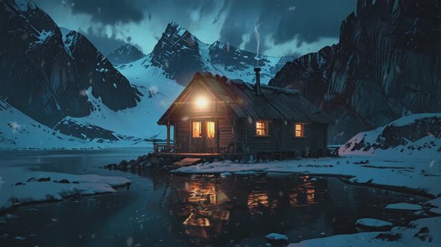 A cozy cabin with warm lights nestled amidst snow-covered mountains and a tranquil frozen lake, illuminated by a soft snowfall.