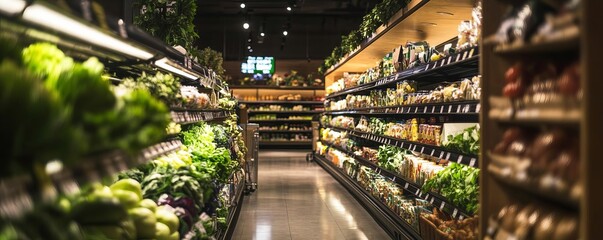 A grocery store with only the highpriced organic section lit, symbolizing economic shifts towards luxury food markets