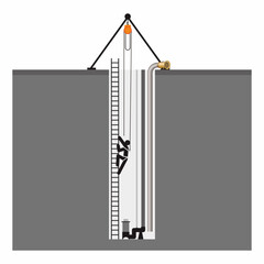 Vector illustration of worker climbing the ladder wearing safety harness. Confined space work with emergency rescue procedure. Industrial and construction work.