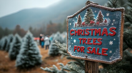 Sign  that reads &ldquo;CHRISTMAS TREES FOR SALE&rdquo; - mountain Christmas tree farm - families shopping for a Christmas tree - festive - holiday - beautiful scenery 