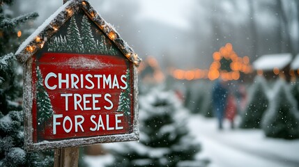 Sign  that reads “CHRISTMAS TREES FOR SALE” - mountain Christmas tree farm - families shopping for a Christmas tree - festive - holiday - beautiful scenery 
