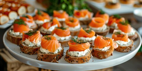 Smoked Salmon Rolls with Cream Cheese on Pumpernickel Bread elegantly displayed on a serving plate for an event