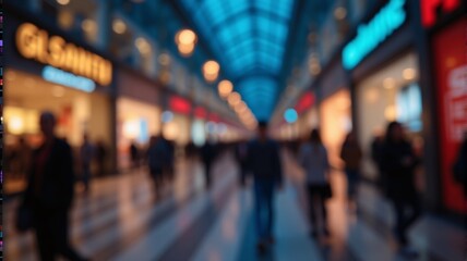 Shopping mall with people during night in blurred abstract background.